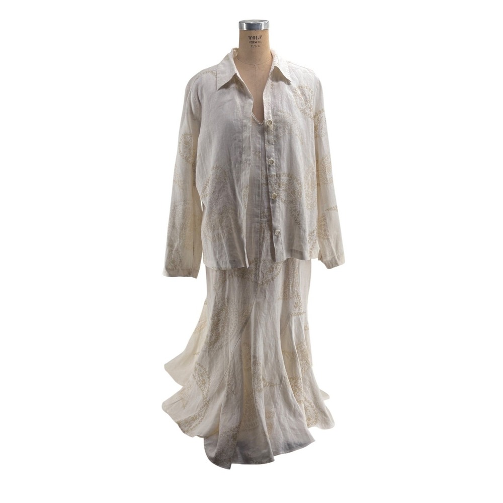 Liz Claiborne Linen Paisley Maxi Dress and Button Down Shirt Set Cream Tan L